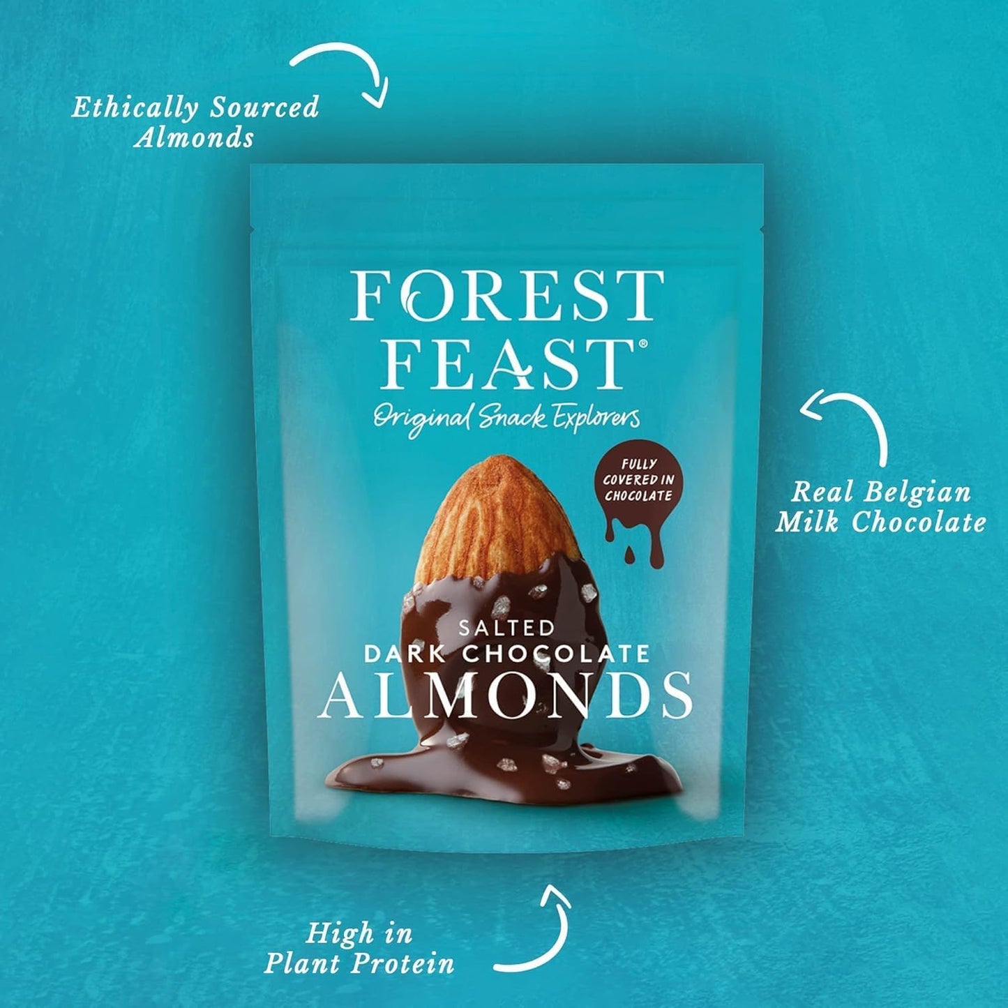 FOREST FEAST Salted Dark Chocolate Almonds 1kg Sharing Bag | Dark Chocolate Coated Salted Almonds - Gluten Free High Protein Vegan Snack