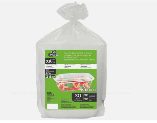AHG Investment cafe express plastic containers & lids 1.2l 42 pack - 38oz Clear Plastic Salad Food Multi-use Containers Base+Lid (Pack of 42)