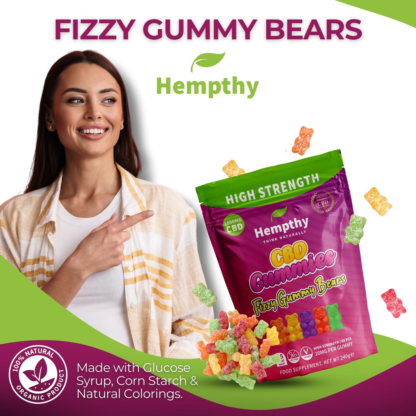 Hempthy High Strength CBD Gummies 1000mg, 20mg x 50 Gummies, HIGH Strength CBD Gummy Bears, 1000mg Total CBD, THC Free, Best UK CBD Gummy Bears