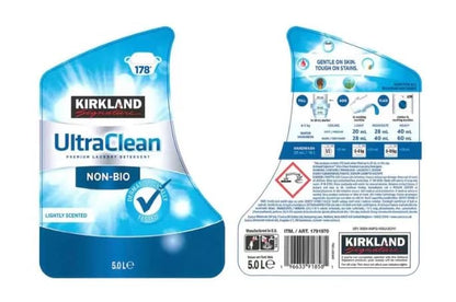 Kirkland Signature Ultra Clean Non Bio Laundry Liquid, 5L (178 Washes) – Powerful Stain Removal, Hypoallergenic Formula for Sensitive Skin, Long-Lasting Freshness, Eco-Friendly Packaging