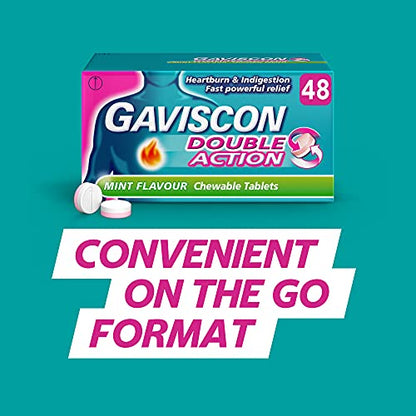 Gaviscon Double Action Tablets, Mint Flavour, 48 Tablets, Indigestion and Heartburn Relief, Indigestion Tablets, Acid Reflux, Antacid, Gets to Work Instantly, Lasts 2X Longer, Antacids