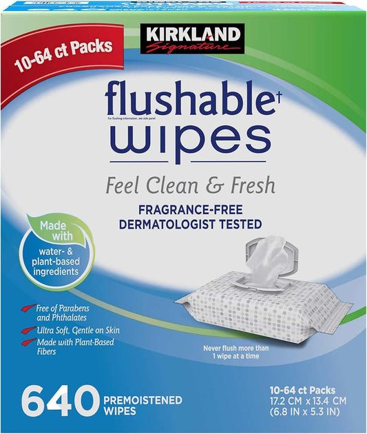 Kirkland Signature Premoistened Flushable Wipes, Fragrance Free, 640 - Count