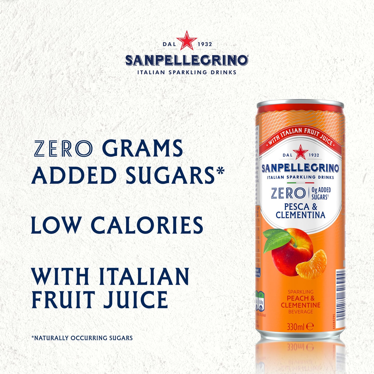 San Pellegrino Italian Sparkling Drinks Zero Sparkling Peach & Clementine Canned Soft Drink 12 x 330ml, 21kCals per can
