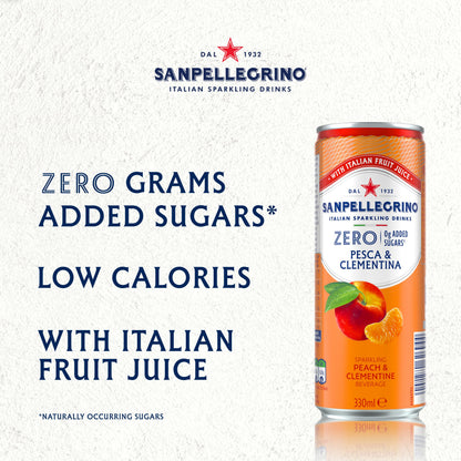 San Pellegrino Italian Sparkling Drinks Zero Sparkling Peach & Clementine Canned Soft Drink 12 x 330ml, 21kCals per can