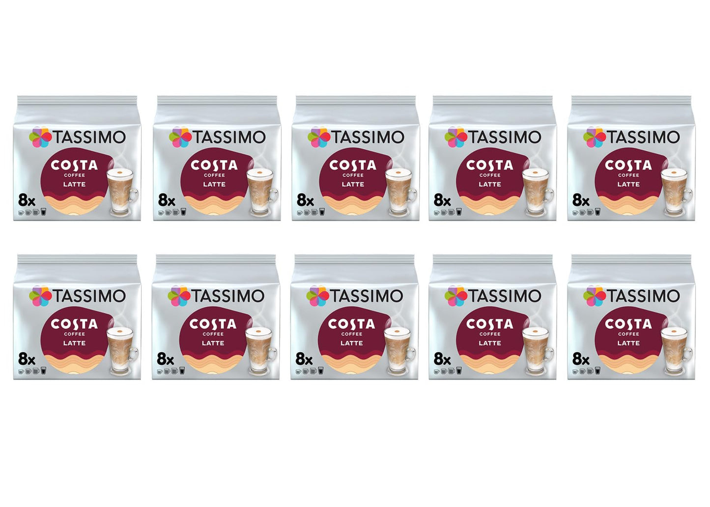 Tassimo Costa Latte Coffee Pods - 10 Packs (Total 80 Costa Coffee Latte Drinks)
