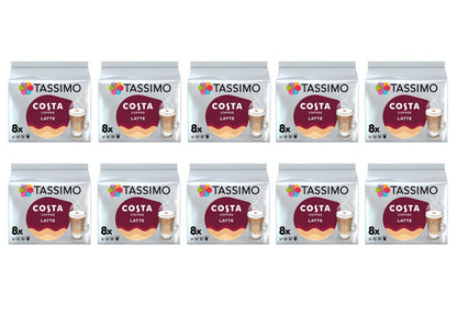 Tassimo Costa Latte Coffee Pods - 10 Packs (Total 80 Costa Coffee Latte Drinks)
