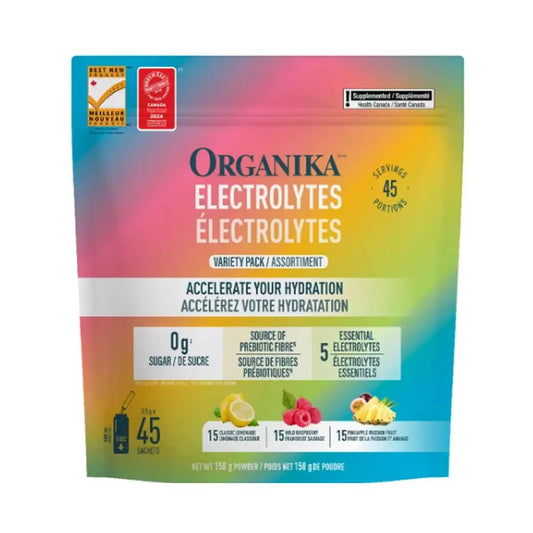 Organika Electrolytes Variety Pack | 45 Sachets | Lemonade, Raspberry, Pineapple Passion Fruit | Sugar Free Drink Mix with 5 Electrolytes & Vitamin C | Hydration & Wellness | Canadian