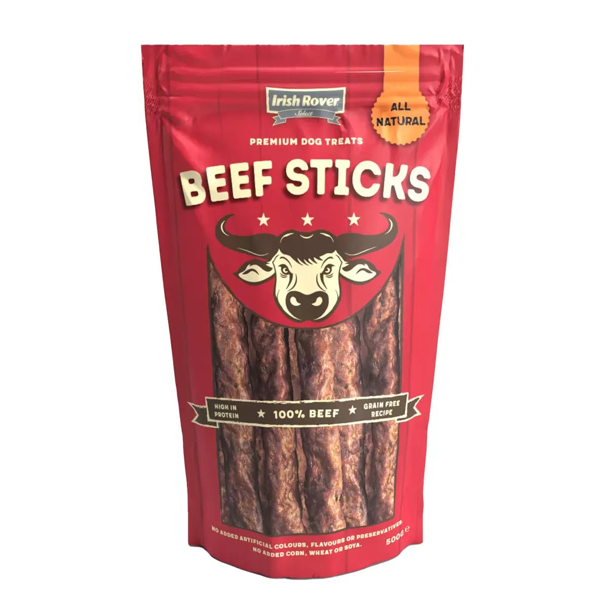 Irish Rover Premium Dog Treats, Beef Sticks, 100% Beef, Grain Free, High in Protein, 500g