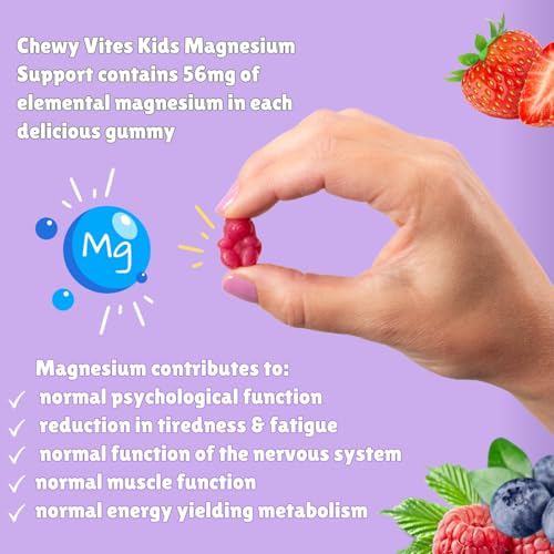Chewy Vites Kids Magnesium, 2 Months Supply, 60 Kids Vitamins Gummies, 500mg Magnesium Citrate Providing 56mg per Gummy, Real Fruit Juice, Age 3 +, Berries Flavour