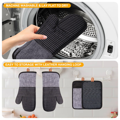 Kitchen Oven Mitts 4pcs Set- Non-Slip Cotton Oven Mitt & Pot Holders – Heat Resistant, Durable & Machine-Washable -Two Long Mit & Two Pot Holder