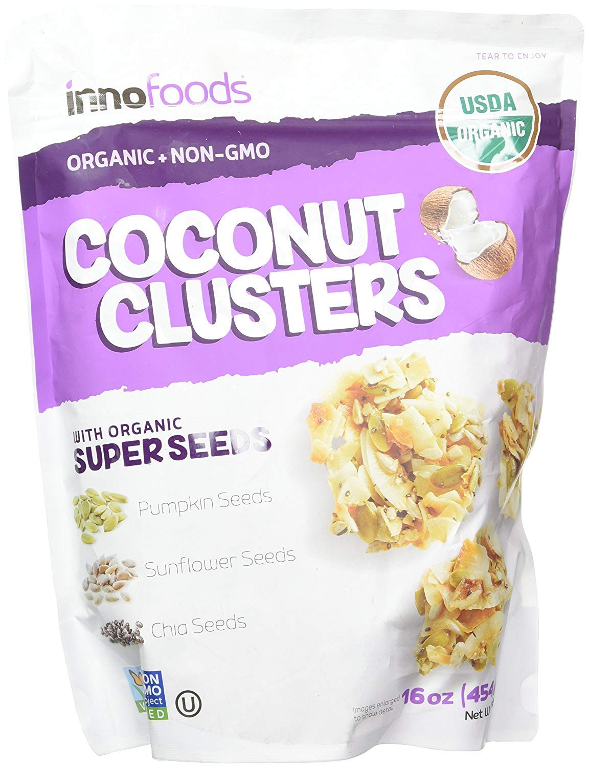 InnoFoods Coconut Clusters with Organic Super Seeds (Pumpkin; Sunflower & Chia Seeds) (Single Bag - 18 oz.)
