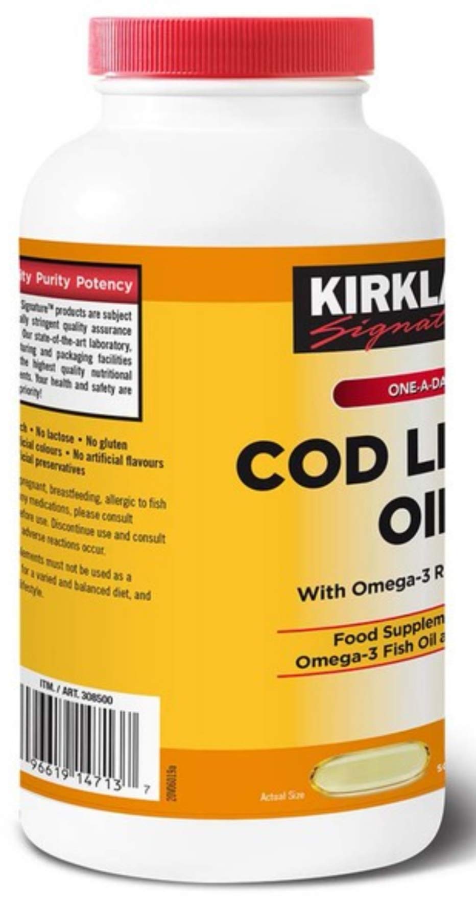 Kirkland Signature Cod Liver Oil + Omega 3-1150mg x 200 Capsules (2 Packs), Yellow Orange