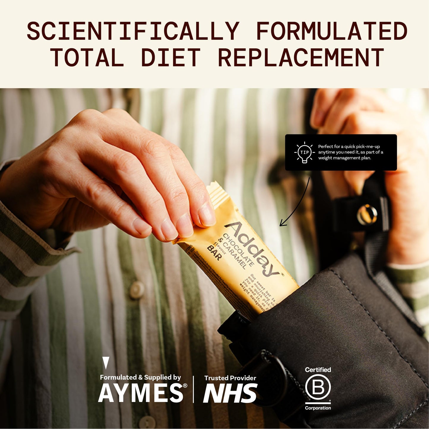Adday - Low Calorie, High Protein Total Diet Meal Replacement Bar - Gluten Free, Vegan Friendly and Halal - 100% Nutritionally Complete with Fibre, Vitamin D, Iron and More