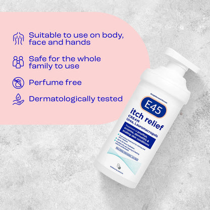 E45 Itch Relief Cream 500g – Treatment for Eczema, Dry Skin, Dermatitis and Itchy Skin – Instant 24-Hour Hydration with Urea for Moisture Retention - Perfume free and dermatologically tested