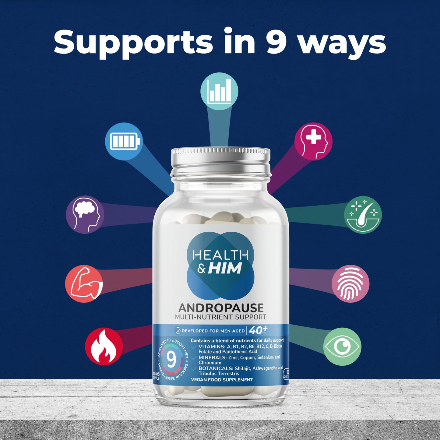 Health & Him Andropause Supplements for Men – Multivitamin Support, Vegan & Gluten Free