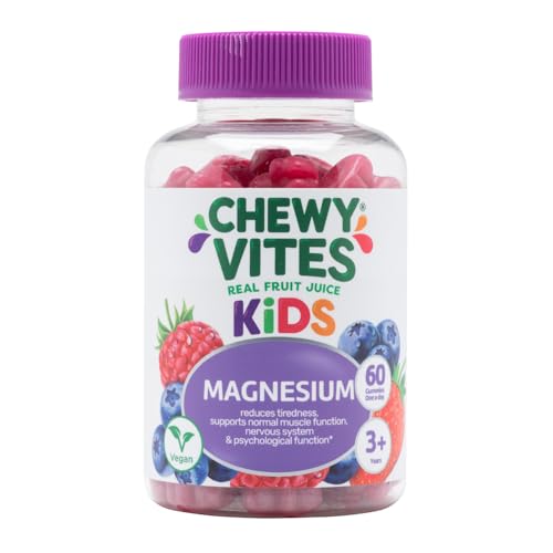 Chewy Vites Kids Magnesium, 2 Months Supply, 60 Kids Vitamins Gummies, 500mg Magnesium Citrate Providing 56mg per Gummy, Real Fruit Juice, Age 3 +, Berries Flavour