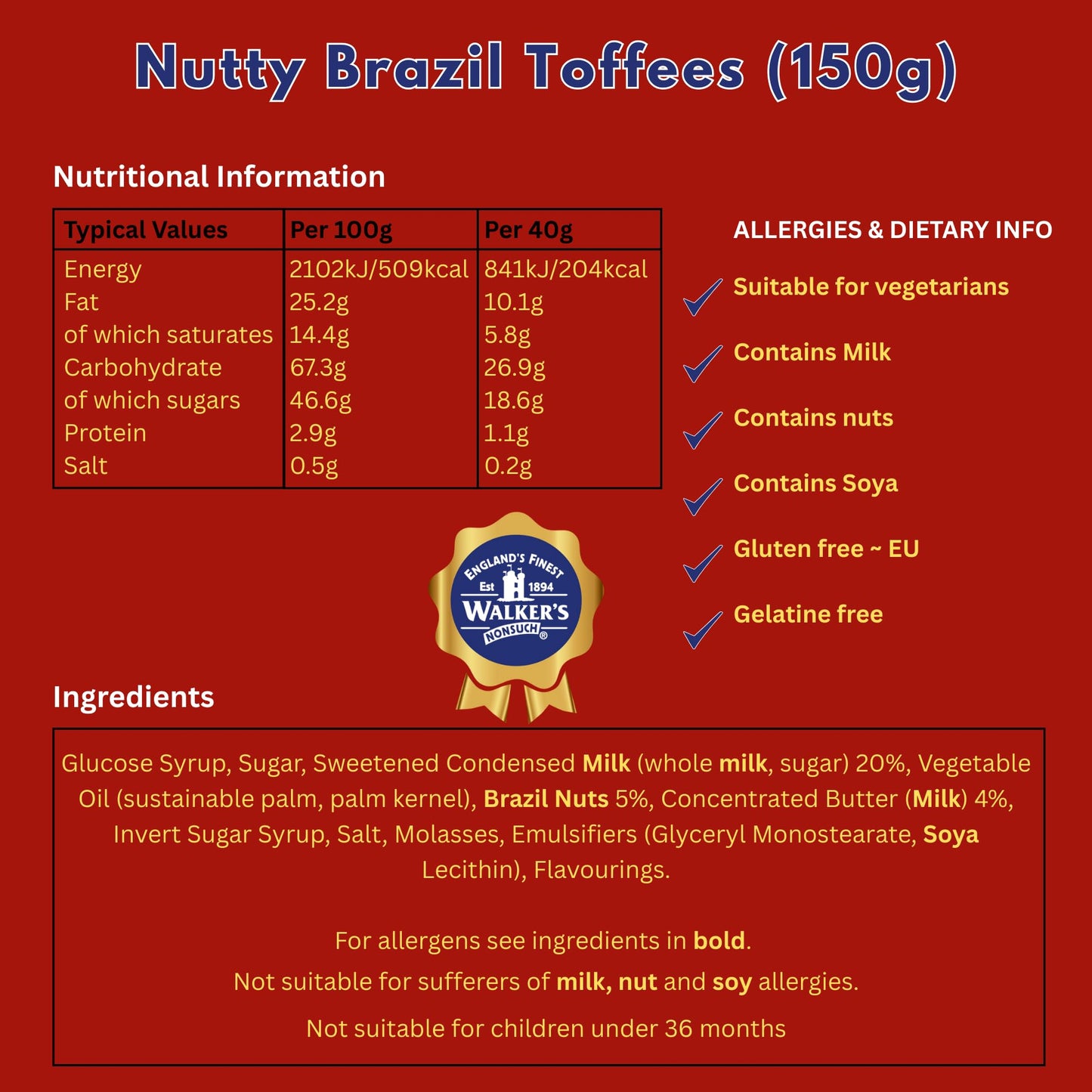 Walkers Nonsuch Nutty Brazil Toffees 150g