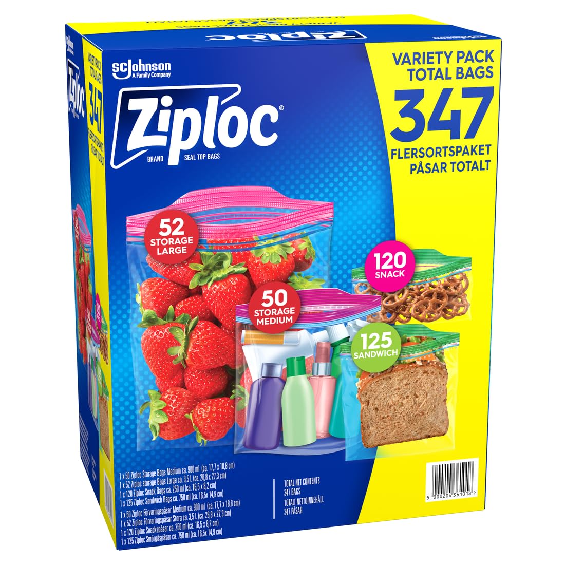 Ziploc Gallon, Quart, Sandwich, and Snack Storage Bags - Variety pack - 347 Total