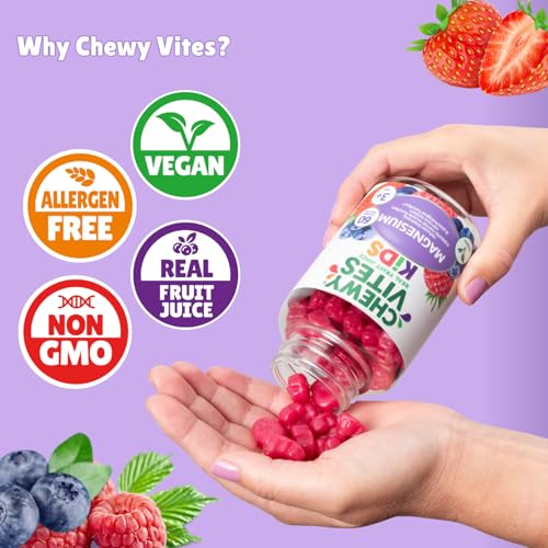 Chewy Vites Kids Magnesium, 2 Months Supply, 60 Kids Vitamins Gummies, 500mg Magnesium Citrate Providing 56mg per Gummy, Real Fruit Juice, Age 3 +, Berries Flavour