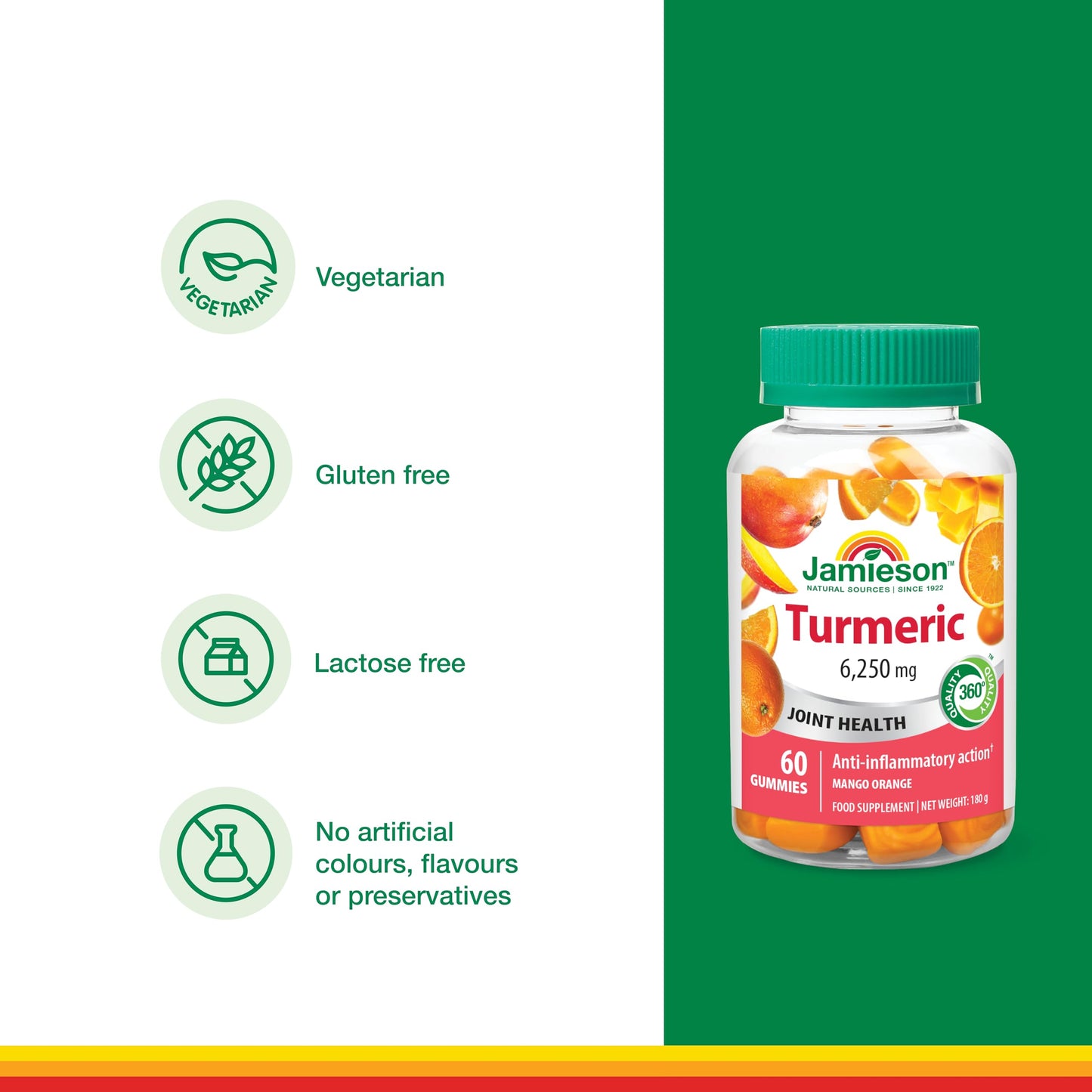 Jamieson Turmeric Gummies Mango Orange Flavour, High Potency Curcumin Provides Natural Joint Pain Relief and Anti-Inflammatory. Vegetarian, Gluten Free, Lactose Free. 60 Gummies