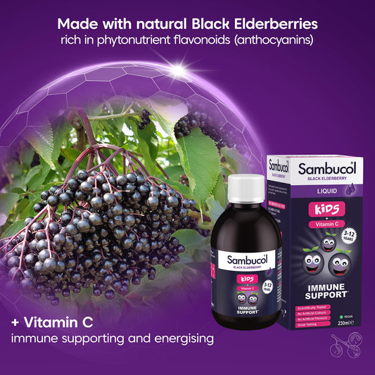 Sambucol Natural Black Elderberry Kids Liquid | Vitamin C | Immune Support Supplement | 230ml