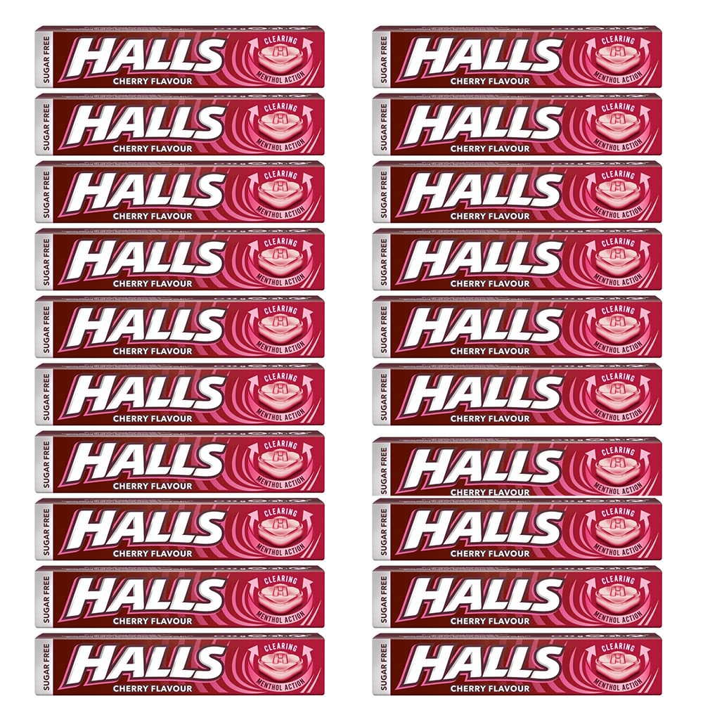 Halls Sugar Free Cherry Mentho-Lyptus Throat Lozenges Stick 32 g (Pack of 20)