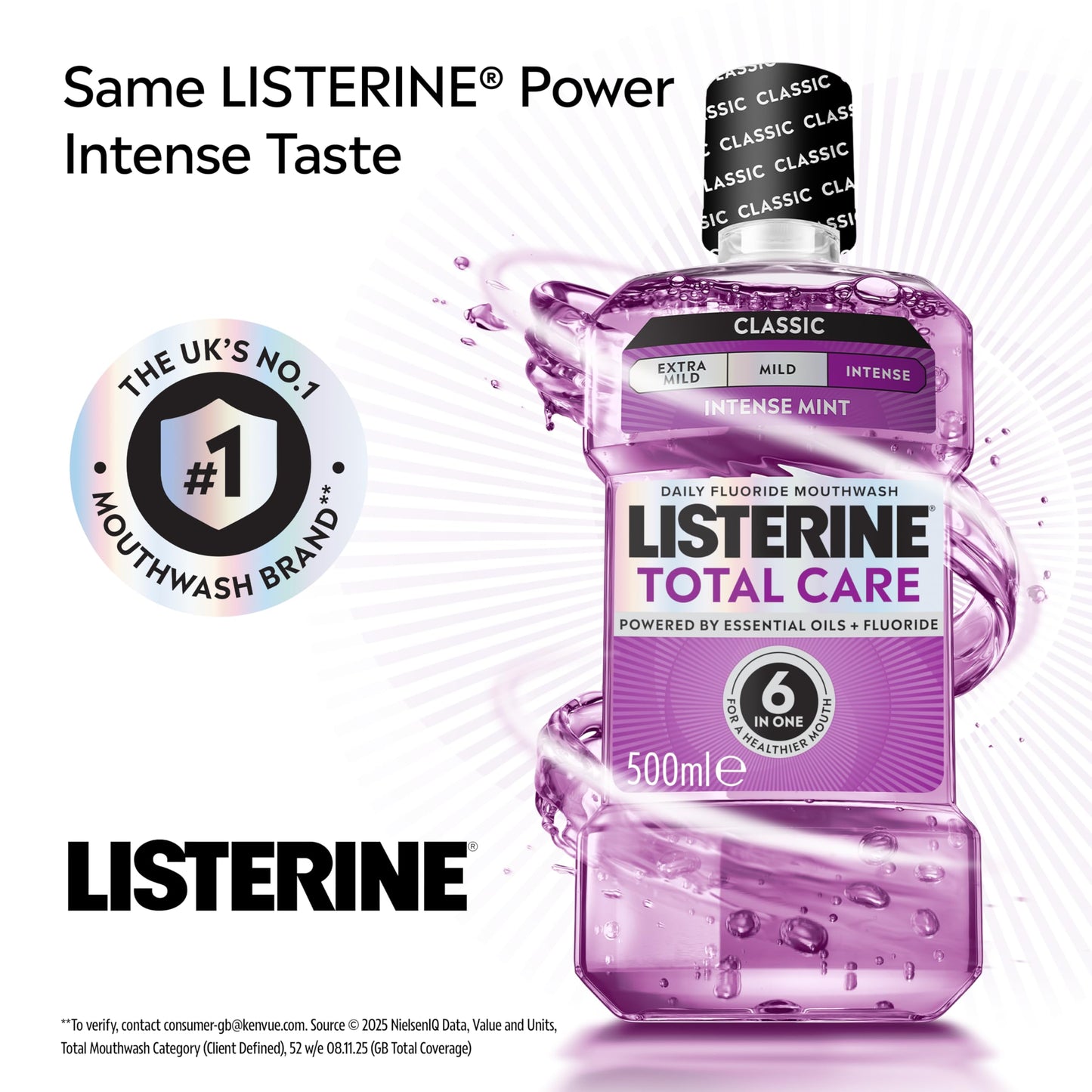 Listerine Total Care Intense Taste Classic Antibacterial Mouthwash (1000ml), Fresh Mint Blast Flavour With 6-in-1 Benefits