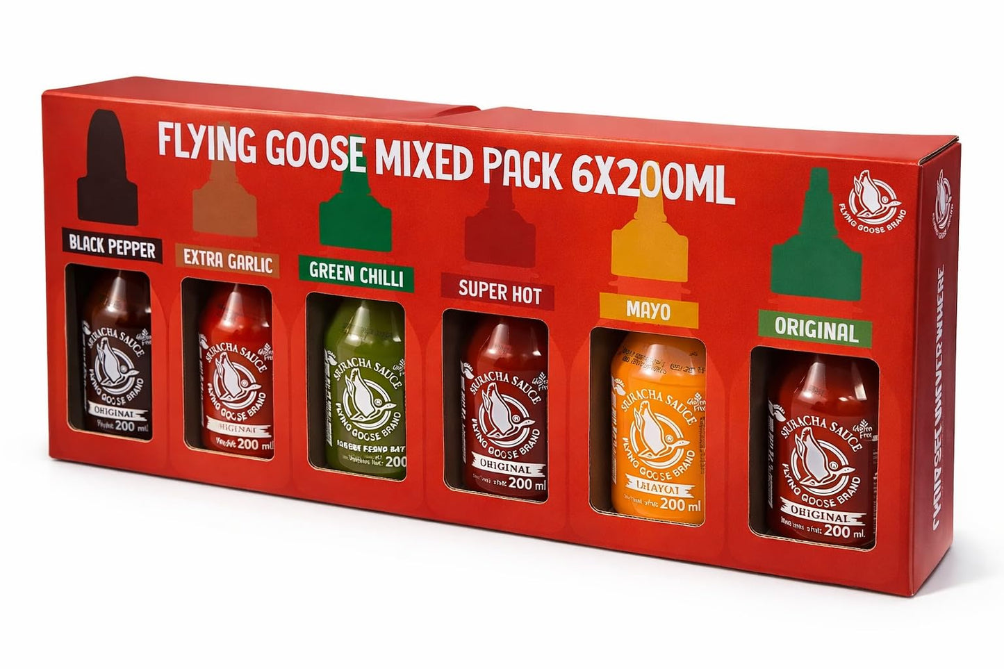 Flying Goose Mixed Pack Sriracha Sauce Set, 6 x 200ml, Black Pepper, Extra Garlic, Green Chilli, Super Hot, Mayo, Original