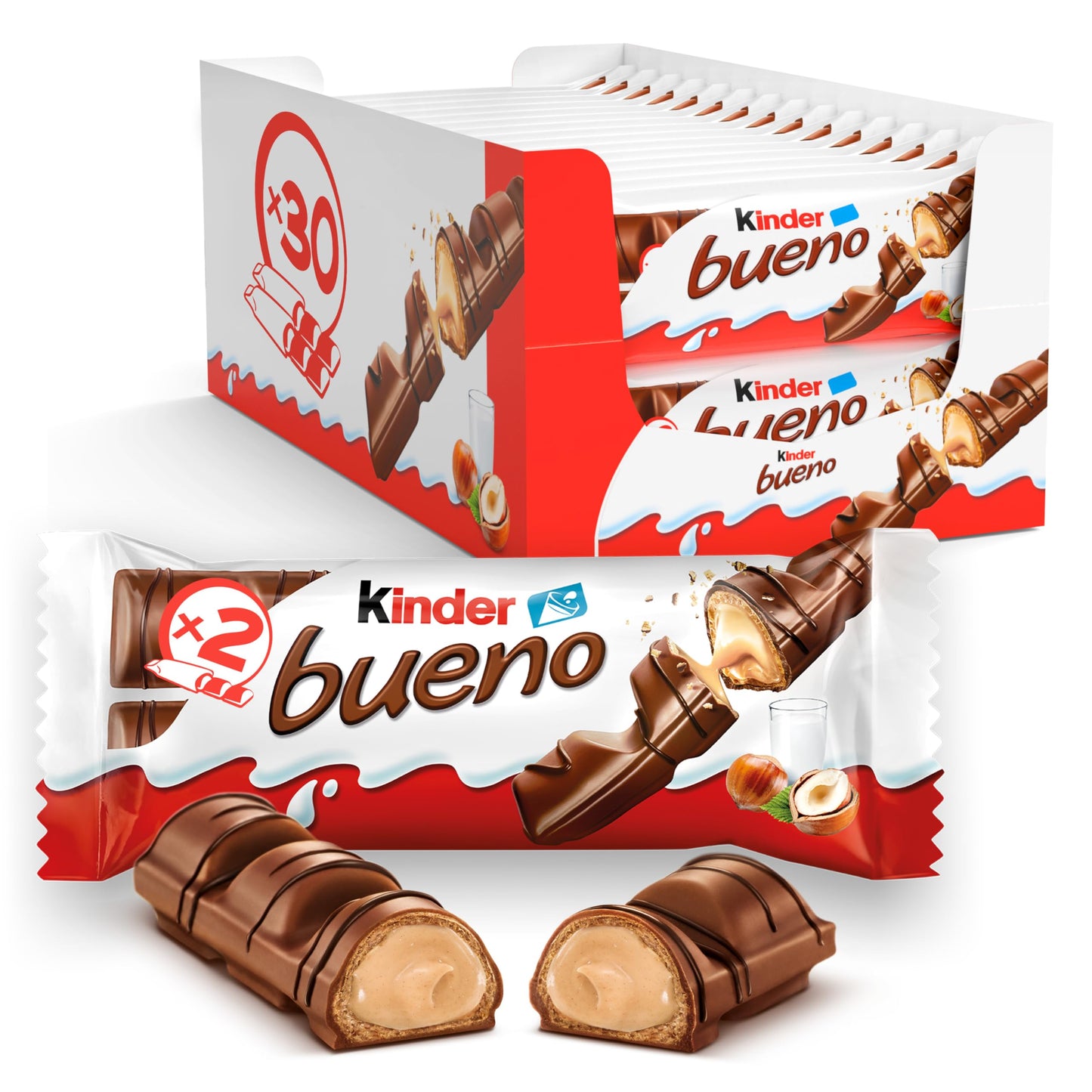 Kinder Bueno Wafer Twin Bars, Bulk Chocolate Gift Pack, Milk Chocolate Covered Wafer with Milky and Hazelnut Filling, Pack of 30 x 2 (60pcs)