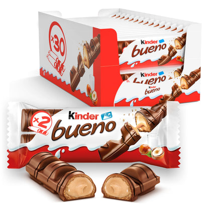 Kinder Bueno Wafer Twin Bars, Bulk Chocolate Gift Pack, Milk Chocolate Covered Wafer with Milky and Hazelnut Filling, Pack of 30 x 2 (60pcs)