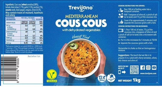 Trevijano Mediterranean Couscous with Dehydrated Vegetable Flavour Spice cou Pack 1kg - 13 Serving-VEGAN