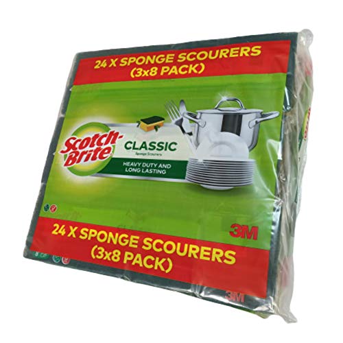 Scotch Brite Classic Sponge Scourers Heavy Duty Long Lasting, Pack of 3 x 8, Green/Red