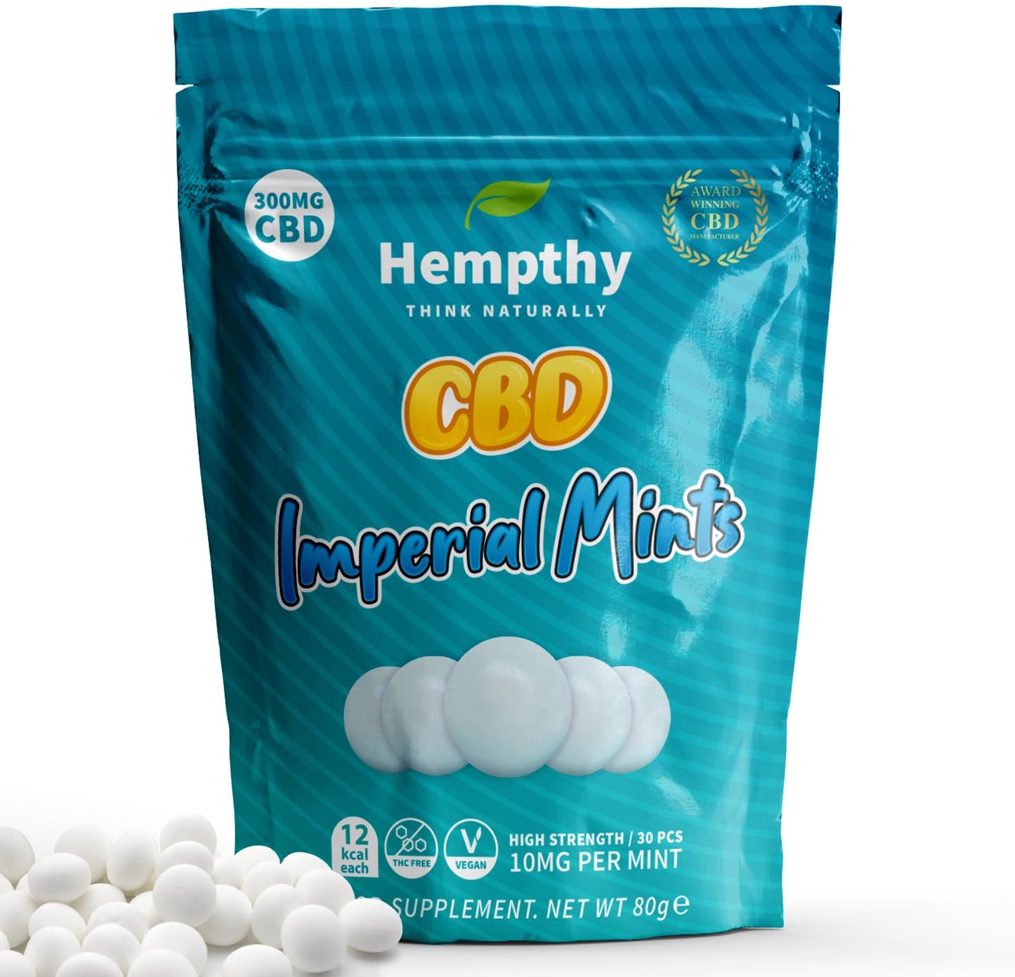 Hempthy 300mg CBD High Strength Mints, Imperial Mint Flavour Made with Real CBD Oil, Vegan, Non-GMO, Alternative to CBD Gummies, Improved Purity, No THC, 30pack (30 Days)