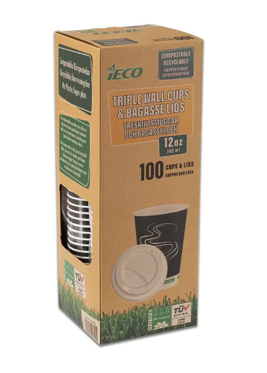 iECO Recyclable Triple Wall Hot Cups & Lids, 12oz, 100 Pack