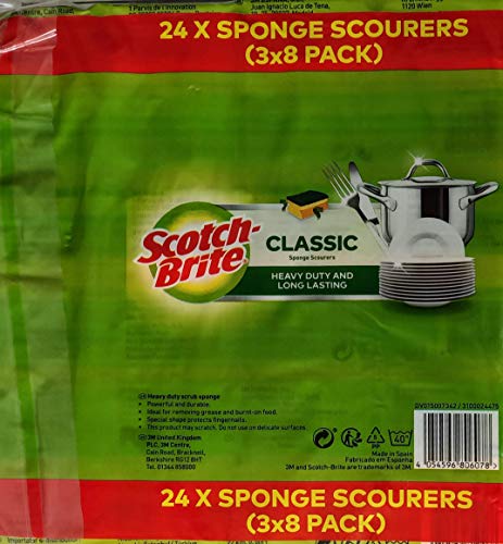Scotch Brite Classic Sponge Scourers Heavy Duty Long Lasting, Pack of 3 x 8, Green/Red
