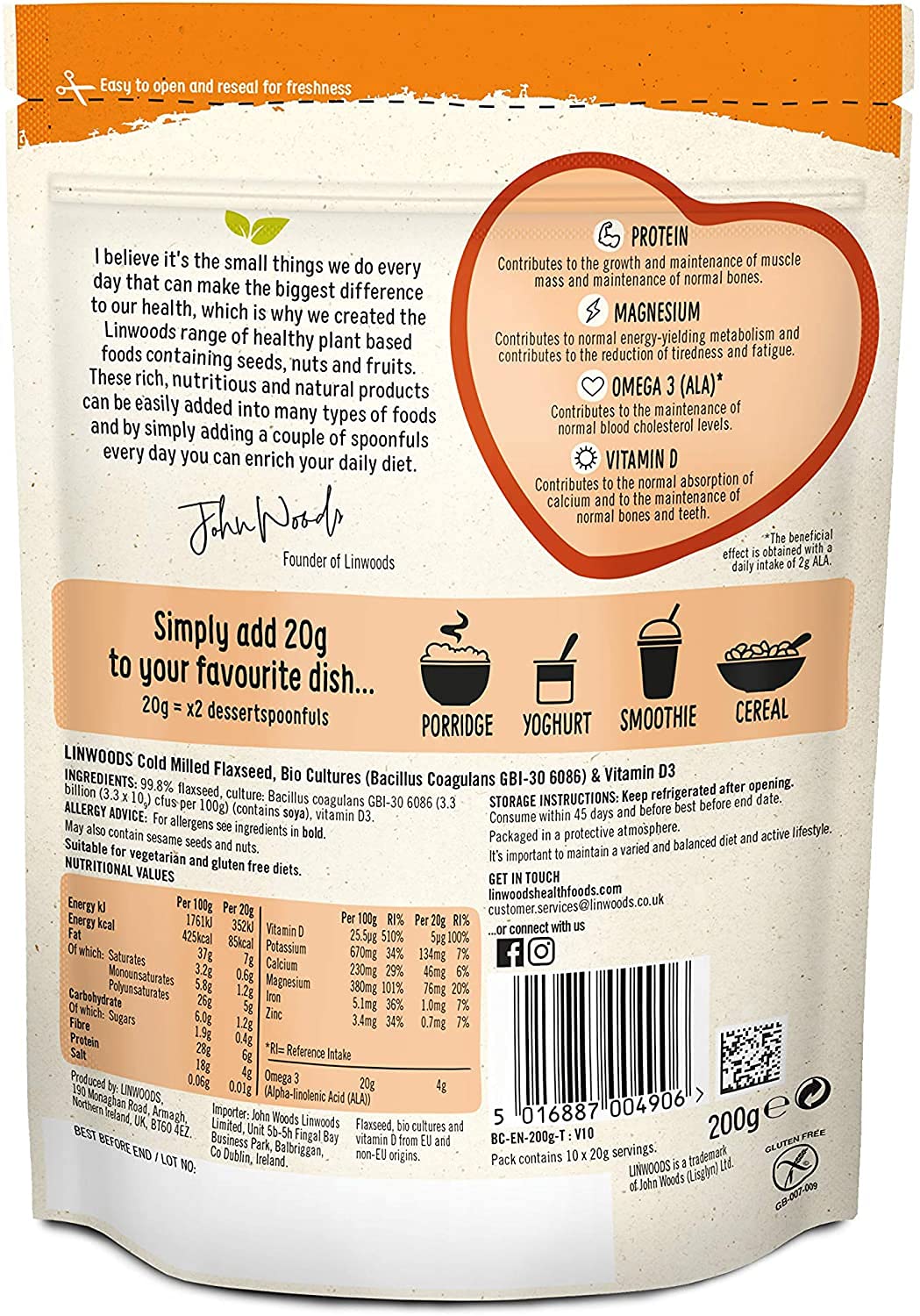 Linwoods Milled Flaxseed with Bio Cultures & Vitamin D 360g, High in vitamin D, High in Fibre, High in Omega 3 (ALA), Source of Protein, maintenance of normal bones and teeth, reduction of tiredness, Maintenance of normal blood cholesterol levels