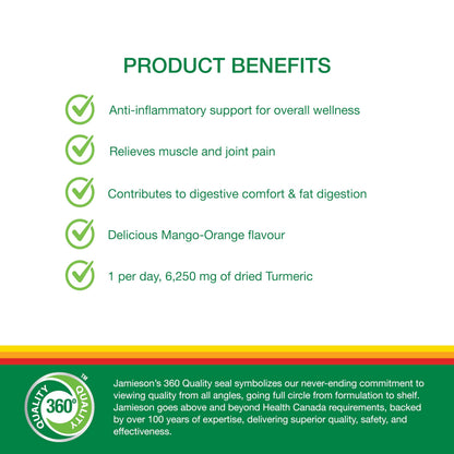 Jamieson Turmeric Gummies Mango Orange Flavour, High Potency Curcumin Provides Natural Joint Pain Relief and Anti-Inflammatory. Vegetarian, Gluten Free, Lactose Free. 60 Gummies