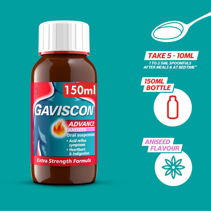 Gaviscon Advance Extra Strength Heartburn & Indigestion Liquid, Aniseed Flavour, 150ml, Pack of 6