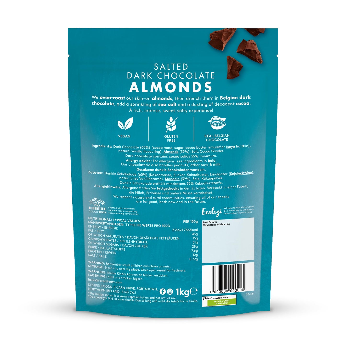 FOREST FEAST Salted Dark Chocolate Almonds 1kg Sharing Bag | Dark Chocolate Coated Salted Almonds - Gluten Free High Protein Vegan Snack