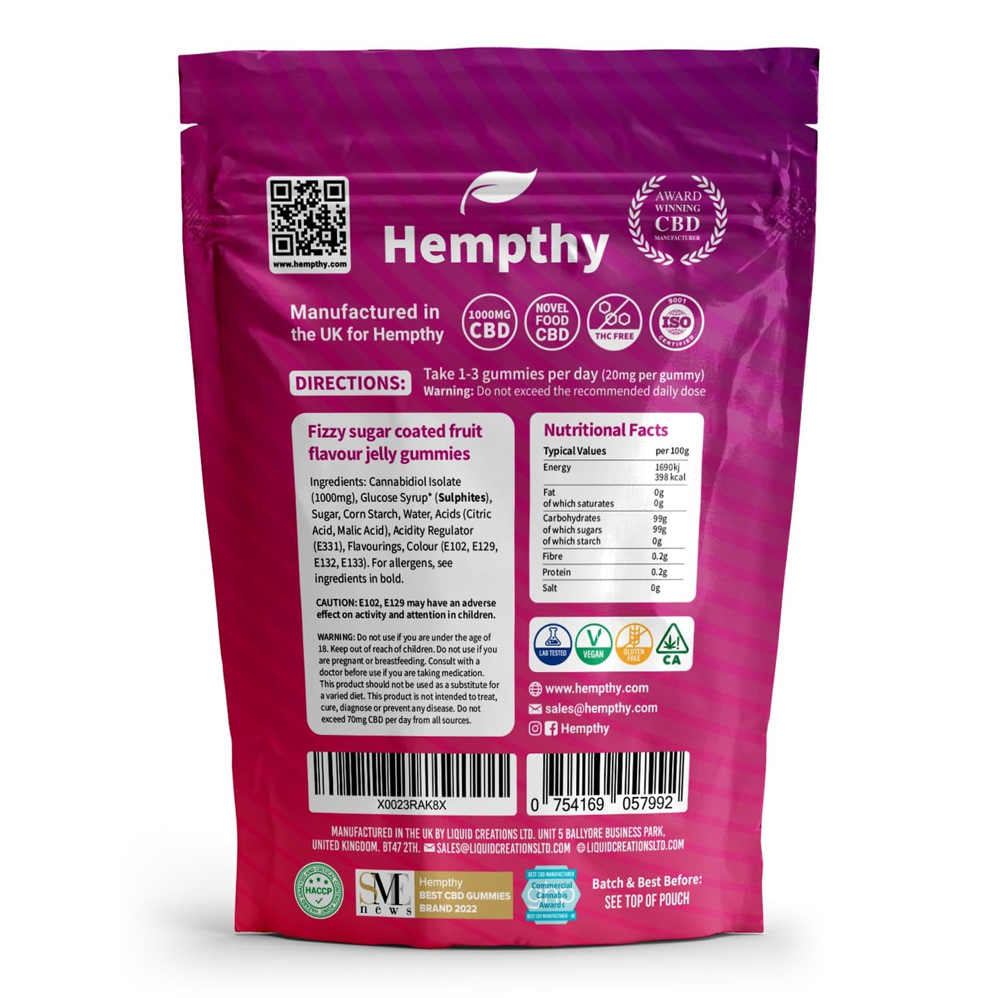 Hempthy High Strength CBD Gummies 1000mg, 20mg x 50 Gummies, HIGH Strength CBD Gummy Bears, 1000mg Total CBD, THC Free, Best UK CBD Gummy Bears