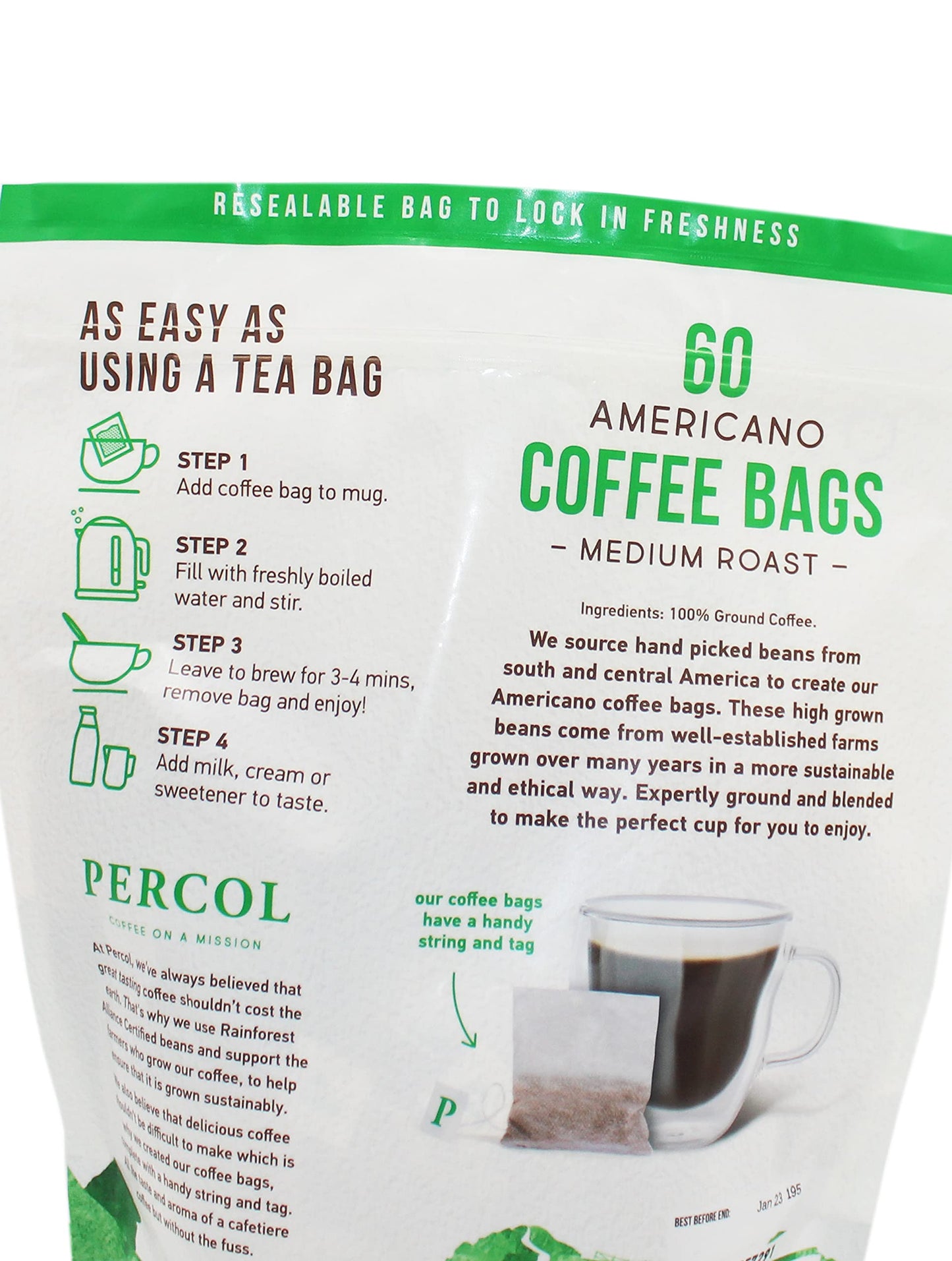 Percol Americano Medium Roast Coffee Bags 60 x 8g 100% Arabica Ready To Drink