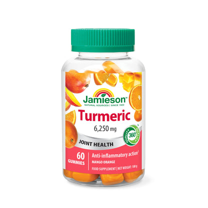 Jamieson Turmeric Gummies Mango Orange Flavour, High Potency Curcumin Provides Natural Joint Pain Relief and Anti-Inflammatory. Vegetarian, Gluten Free, Lactose Free. 60 Gummies