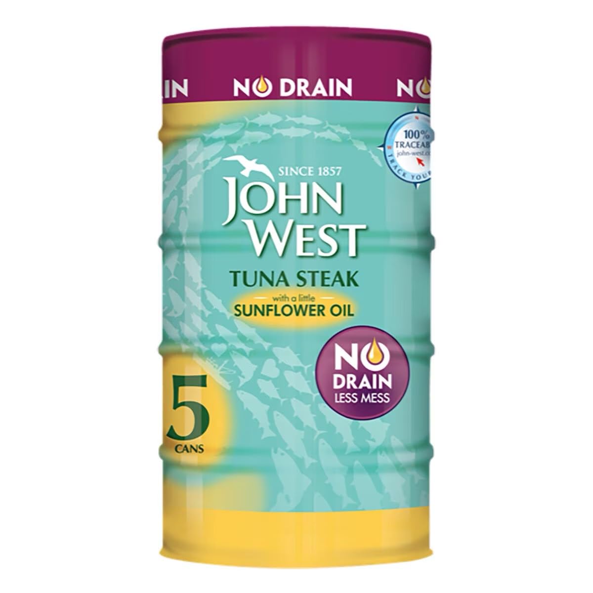 John West Tuna Steak in Sunflower Oil, No Drain, 5 x 110g Cans, High Protein