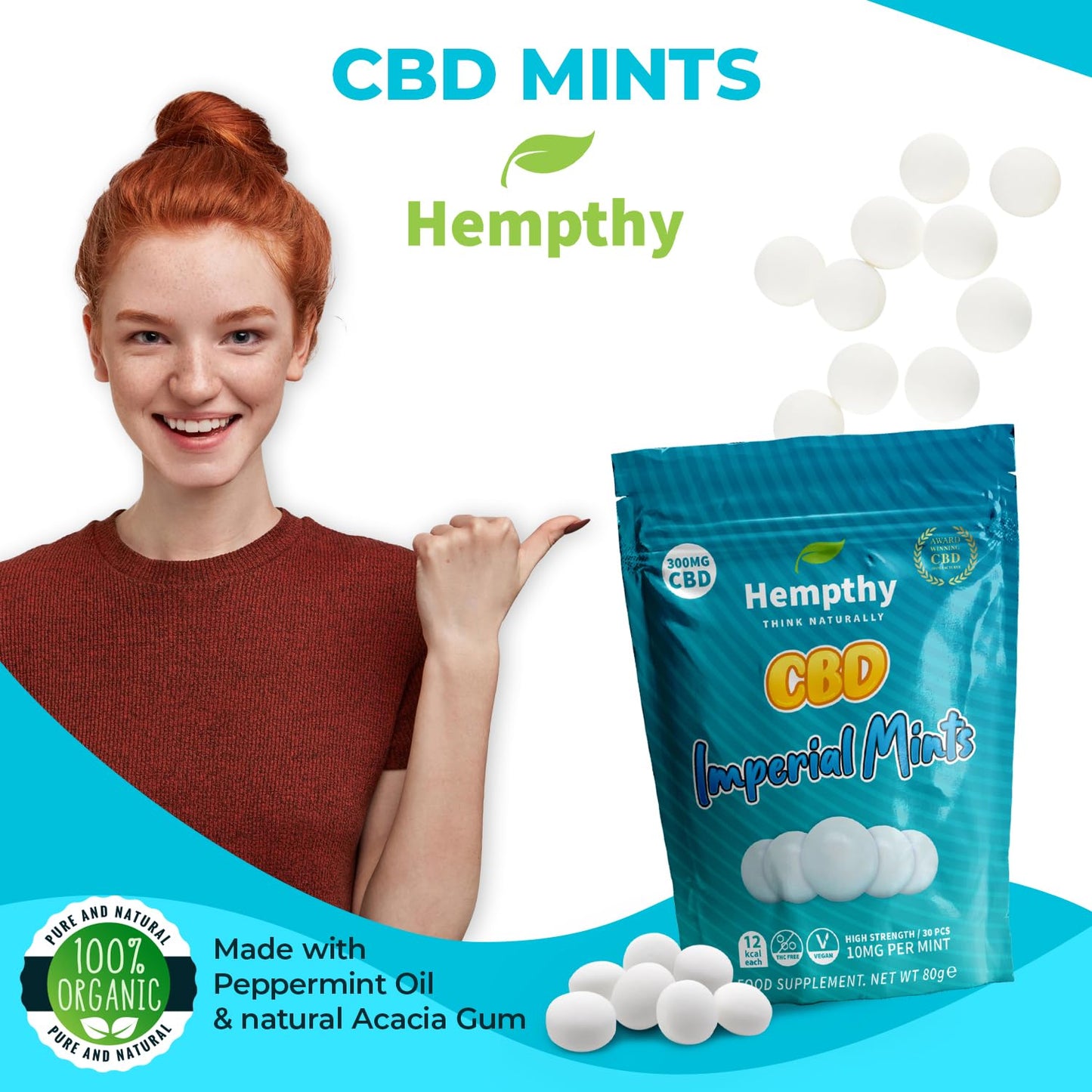 Hempthy 300mg CBD High Strength Mints, Imperial Mint Flavour Made with Real CBD Oil, Vegan, Non-GMO, Alternative to CBD Gummies, Improved Purity, No THC, 30pack (30 Days)