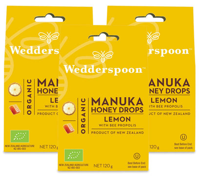Wedderspoon Organic Manuka Honey Drops, 120g, 3 Pack - Lemon with Bee Propolis