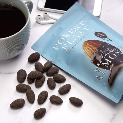 FOREST FEAST Salted Dark Chocolate Almonds 1kg Sharing Bag | Dark Chocolate Coated Salted Almonds - Gluten Free High Protein Vegan Snack