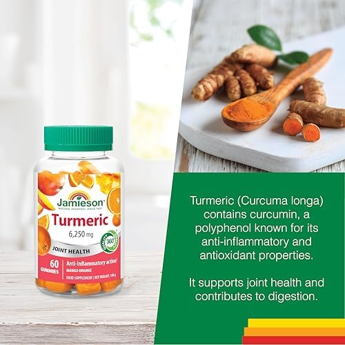 Jamieson Turmeric Gummies Mango Orange Flavour, High Potency Curcumin Provides Natural Joint Pain Relief and Anti-Inflammatory. Vegetarian, Gluten Free, Lactose Free. 60 Gummies