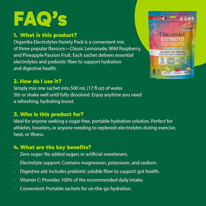 Organika Electrolytes Variety Pack | 45 Sachets | Lemonade, Raspberry, Pineapple Passion Fruit | Sugar Free Drink Mix with 5 Electrolytes & Vitamin C | Hydration & Wellness | Canadian