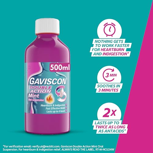 Gaviscon Double Action Mint Liquid 500ml - Heartburn & Acid Reflux Relief, Fast-Acting Formula, Protective Barrier, Long-Lasting Comfort, Suitable for Pregnancy, Digestion and Nausea