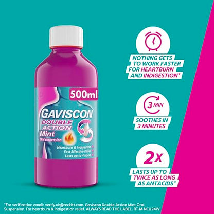 Gaviscon Double Action Mint Liquid 500ml - Heartburn & Acid Reflux Relief, Fast-Acting Formula, Protective Barrier, Long-Lasting Comfort, Suitable for Pregnancy, Digestion and Nausea